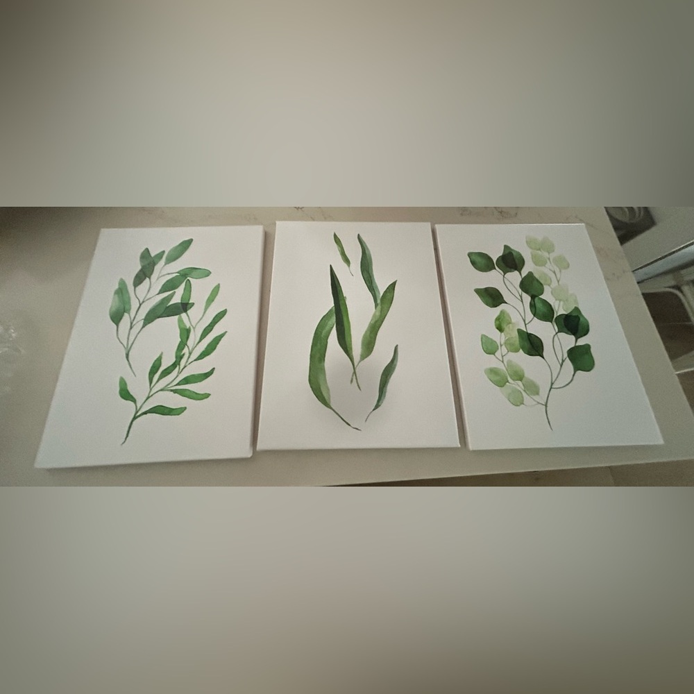 NEW 12" x 16" Green Leaves Tropical Watercolor Painting Leaf Artwork Canvas 3 Pk